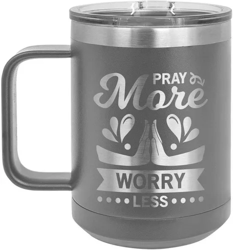 Vista 5 de PRAY MORE WORRY Less 15 oz taza de café con tapa superior deslizante Taza de café de viaje aislado Ideas de regalo de cumpleaños o Navidad
