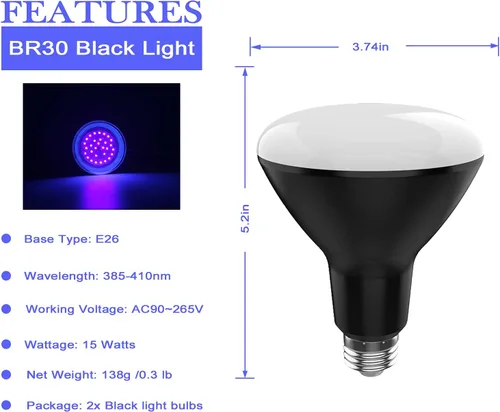 Vista 2 de BR30 - Bombilla negra UV de 15 W (equivalente a 100 W), base media E26, UVA 385-410 nm, bombillas de luz negra perfectas para pintura corporal