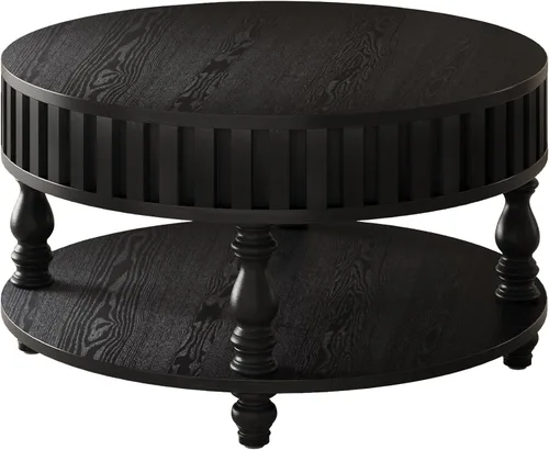 Vista 9 de Mesa de centro redonda de madera de 31.49 pulgadas con almacenamiento, mesa de centro circular acanalada de 2 niveles con tapa y estante para sala