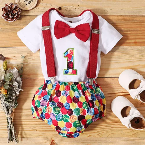Vista 15 de IDOPIP Traje formal para bebé niño para el primer cumpleaños de Cake Smash con corbatín y tirantes y pantalones cortos para sesión de fotos