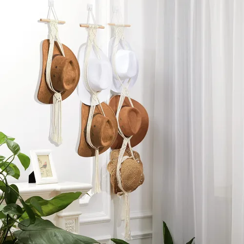 Vista 6 de Yulejo 3 piezas de macramé para sombrero, colgador de sombreros bohemio para pared, organizador de vaquera, estante de exhibición de tejido a mano