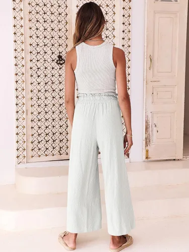 Vista 4 de ANRABESS Pantalones de lino para mujer, casuales, holgados, de cintura alta, bohemios, pierna ancha, pantalones de playa estilo palazzo, trajes