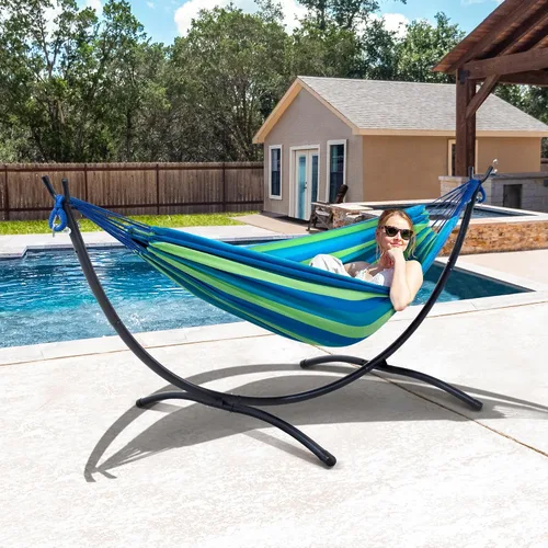 Vista 8 de SUNCREAT Hamaca portátil para exteriores con soporte incluido, hamaca doble con soporte para exteriores, rayas azules y verdes