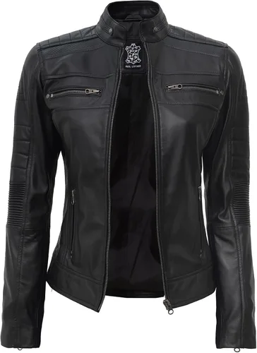 Vista 2 de Chaqueta de cuero para mujer Cafe Racer - Chaquetas de motocicleta de piel de cordero real, Marrón
