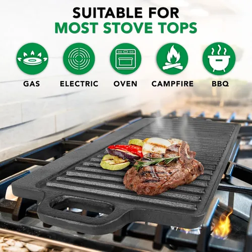 Vista 6 de ProSource Griddle de la parrilla de hierro fundido de doble quemador profesional de servicio pesado profesional, negro