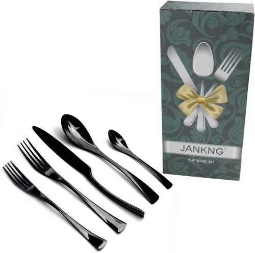 Vista 9 de Juego de cubiertos de acero inoxidable 18/10, cubiertos negros de lujo, servicio de cena, tenedor de postre, cuchara de té, cuchillo, para el hogar