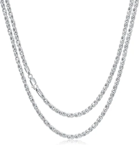 Vista 2 de Cadena de cuerda de plata de ley 925 genuina de 0.079 pulgadas, cadena de cuerda trenzada italiana, regalo de joyería para hombres y mujeres, 16