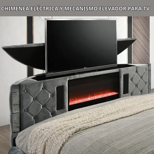 Vista 5 de Base de cama con chimenea y elevador de TV, marco de cama circular con botones acolchonados, cabecera enrollada y ribete de cabeza de clavos