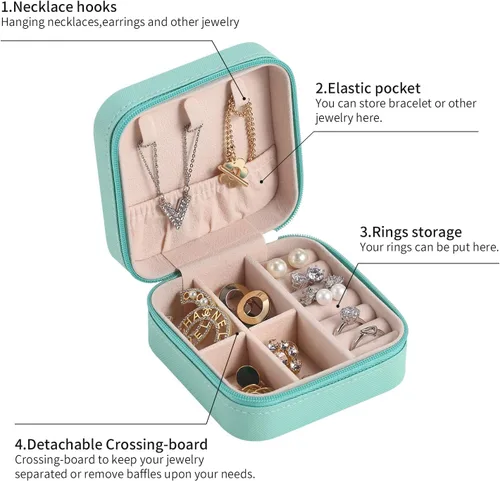 Vista 3 de Casegrace - Mini joyero portátil de viaje de cuero para joyas, organizador de anillos, caja de regalo para niñas y mujeres