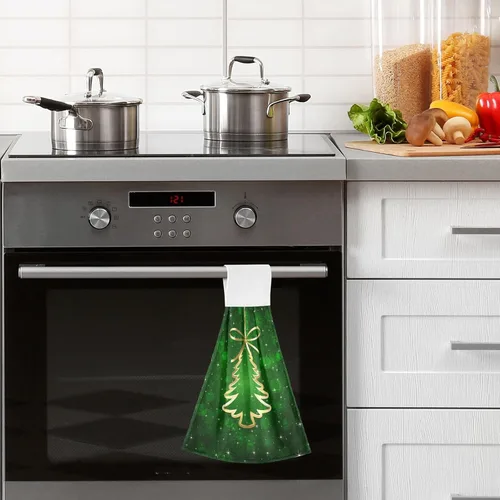 Vista 6 de Fondo verde con árbol de Navidad, toallas de cocina colgantes, 2 piezas, toallas de baño de mano, toallas de cocina, toalla de corbata, paños de té