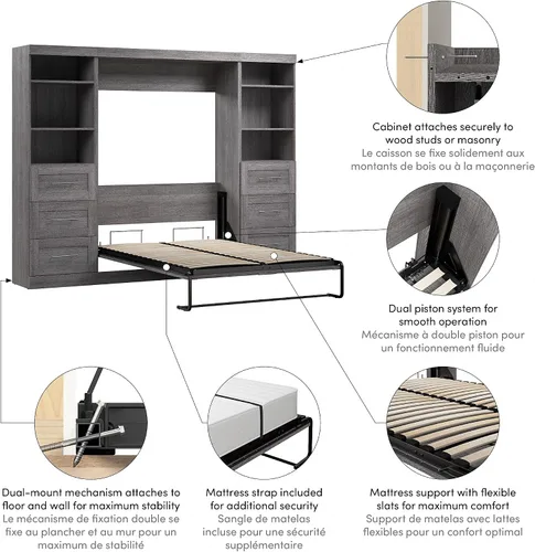 Vista 5 de BESTAR Pur - Cama Murphy completa y 2 estanterías con cajones, cama de pared que ahorra espacio de 109 pulgadas