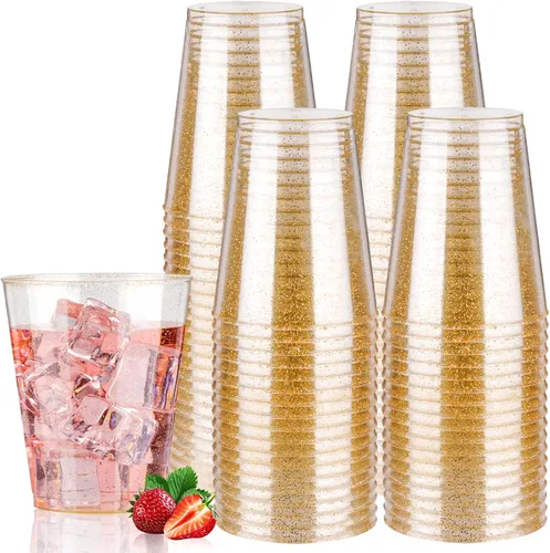 Vista 17 de Goodluck 50 vasos de plástico con purpurina dorada de 10 onzas, vasos desechables con purpurina, elegantes vasos de cóctel de plástico, vasos