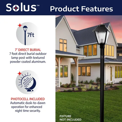 Vista 3 de Solus SP7-320NCA-BK-2PK Poste de lámpara de entierro directo para exteriores de 7 pies con sensor fotográfico del atardecer al amanecer, se adapta a