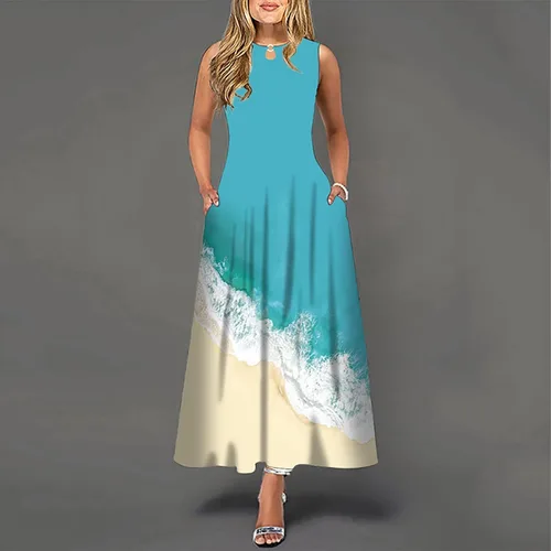 Vista 3 de TREBIN Vestido largo sin mangas con estampado casual y dobladillo grande para mujer