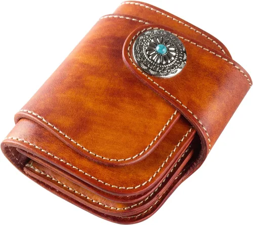Vista 2 de Ancicraft Billetera plegable de piel auténtica con botones turquesa para hombre, Amarillo Marrón, Billetera plegable