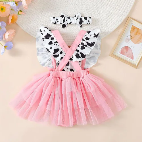 Vista 3 de Ropa de verano para bebé recién nacida, manga con volantes, vestido de tul para princesa, cumpleaños, disfraz de vaca occidental