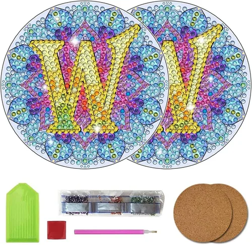 Vista 25 de Bysincy Juego de 2 posavasos de pintura de diamantes de 26 letras A-Z, 5D, arte de diamante, mosaico, alfabeto, kit por número para adultos y niños