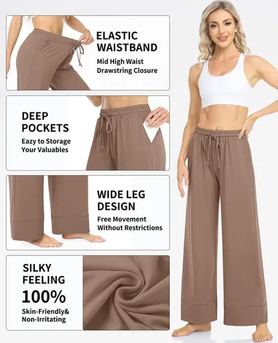 Vista 5 de TARSE Pantalones de yoga de pierna ancha para mujer, talla grande, pantalones palazzo, cintura alta, pantalones de pijama, pantalones casuales