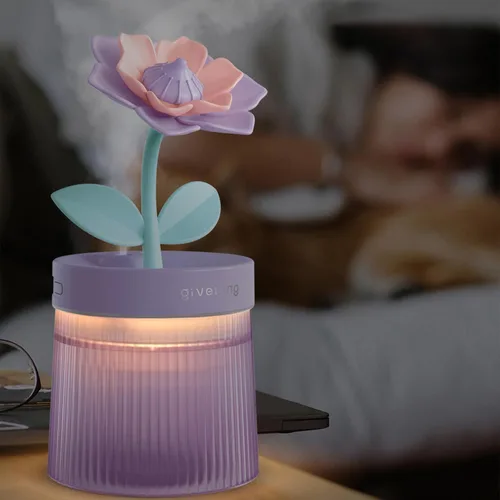 Vista 6 de Humidificador de niebla fría de 8.8 fl oz con linda flor, humidificador USB con luz, difusor de aceite esencial, difusor de aceite de aromaterapia