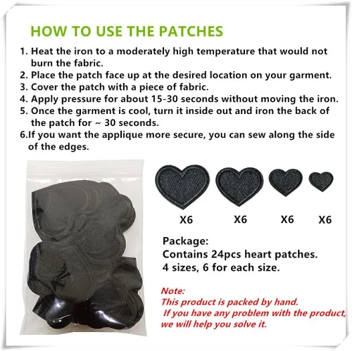 Vista 6 de 24 parches para planchar con corazón negro, parches bordados con corazón para ropa, chaquetas, sombreros, mochilas, jeans