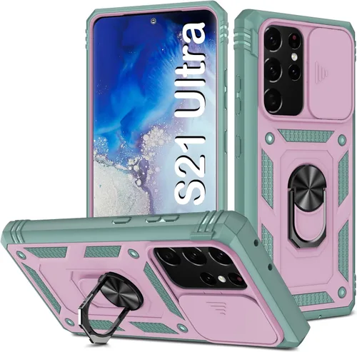 Vista 103 de PASNEW Funda militar para iPhone 13 Pro Max, cubierta de cámara deslizante y soporte de anillo de metal de 360°, carcasa rígida multicapa resistente