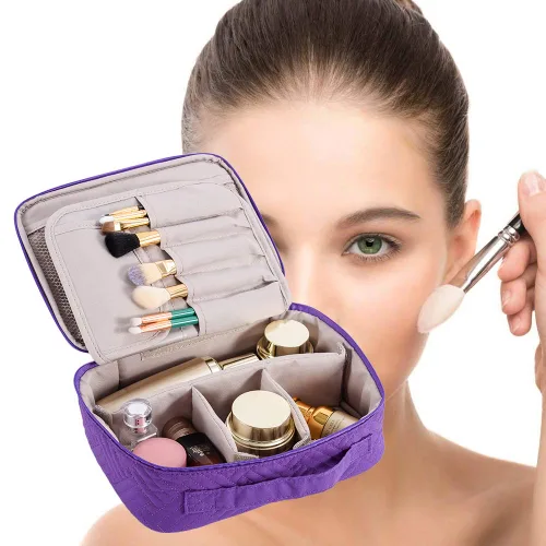 Vista 7 de WEIBIN Bolsa de maquillaje de viaje, bolsa de aseo personal, organizador de cosméticos con divisores ajustables y soporte para brochas para bolso