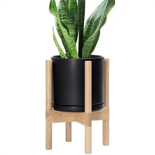 Vista 35 de D'vine Dev Maceta de cerámica con soporte de ébano – Maceta redonda moderna de 8 pulgadas con soporte para maceta de madera, color negro, 55-B-M-2