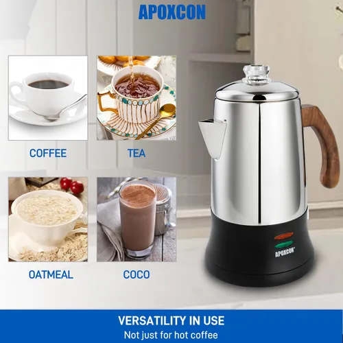 Vista 9 de APOXCON Percolador de Café Eléctrico Cafetera de Acero Inoxidable con Perilla de Vidrio Resistente Transparente para Ver el Progreso