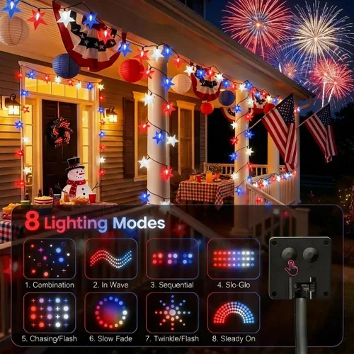 Vista 5 de Cadena de luces solares brillantes del 4 de julio para decoración al aire libre, luces de hadas impermeables de 39 pies, rojas, blancas y azules