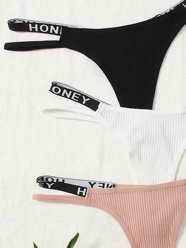 Vista 4 de SHENHE Ropa interior con estampado de letras de talle bajo para mujer, 3 paquetes de tangas
