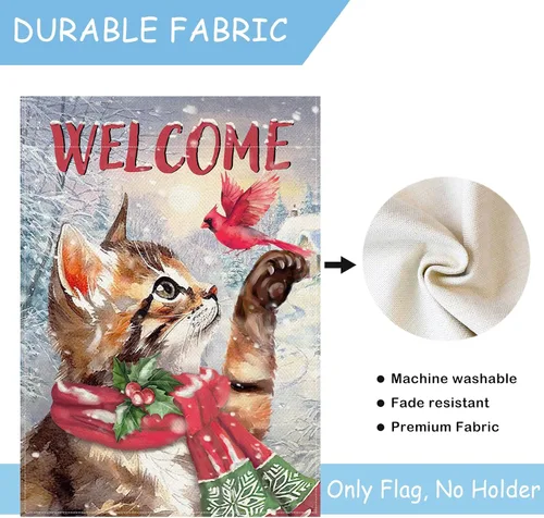Vista 2 de Selmad Bandera decorativa de bienvenida con gato atigrado de invierno, diseño de pájaro rojo de Navidad, decoración exterior de arpillera grande