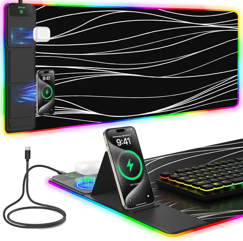 Vista 28 de Alfombrilla de ratón de carga inalámbrica, 31.5"x11.81" alfombrilla de ratón XL para juegos con 11 colores RGB y 5 modos de iluminación, alfombrilla