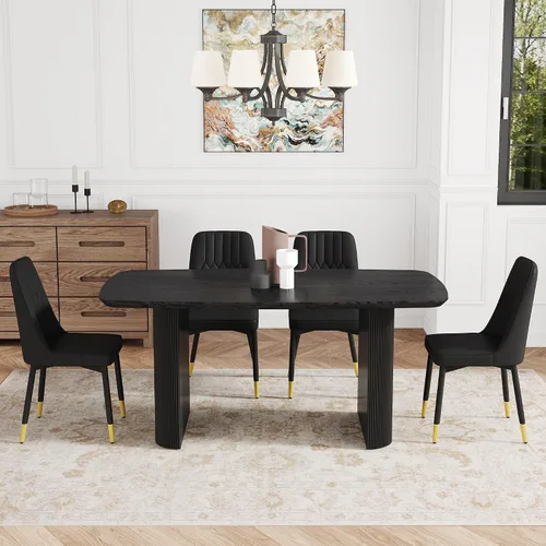Vista 9 de Juego de mesa de comedor moderno para 4, juego de mesa de comedor negro de 67 pulgadas con mesa ovalada de madera de 3.5 pulgadas de grosor y base