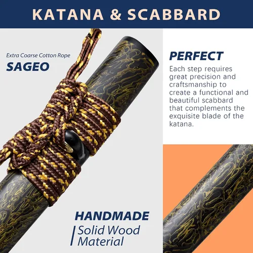 Vista 6 de entez Handcrafted Samurai Katana - Premium Damascus/T10 Clay Tempered Blades - Sharp Functional Japanese Swords, Full Tang
