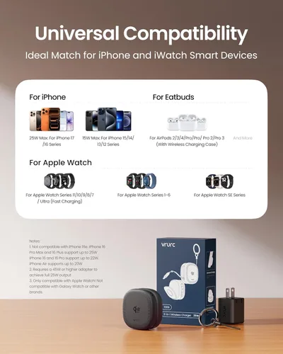Vista 8 de VRURC Charger for Apple Watch, 3 in 1 Wireless Charging Station, Qi2.2 25W Foldable Travel Charger Dock with 45W Power Adapter for iPhone