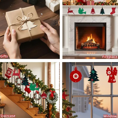 Vista 2 de MACTING 45 adornos de Navidad de madera sin terminar preperforados, rebanadas de madera natural, kit de adornos colgantes en blanco