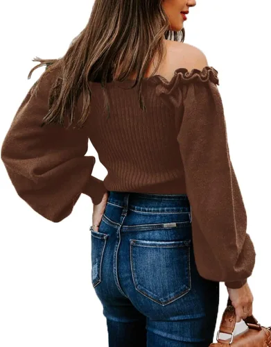 Vista 4 de Langwyqu Women's Sweaters Casual Long Lantern Sleeve Square Neck Ruffle Knit Pullovers Tops