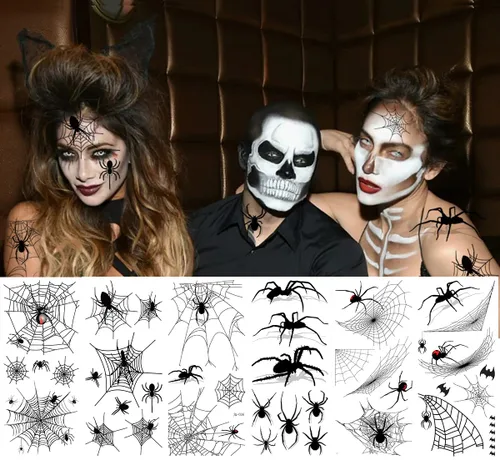 Vista 2 de 4 pares de calcomanías de sombra de ojos de Halloween, calcomanías delineadoras de ojos, telaraña, calavera, murciélago, calcomanías de tatuaje