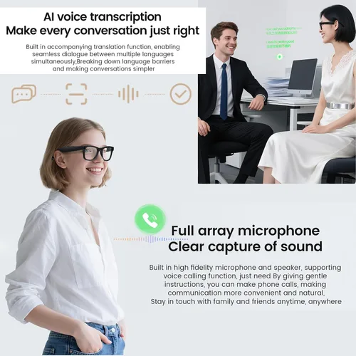 Vista 8 de Lentes inteligentes AI con cámara, grabación de video 1080P, traducción en tiempo real AI, audio Bluetooth de oído abierto, asistente de voz