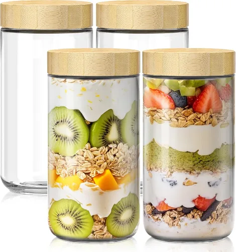 Vista 14 de Paquete de 2 recipientes para avena nocturna de 10 onzas con tapas de bambú, frascos de vidrio con tapas herméticas para preparación de comidas