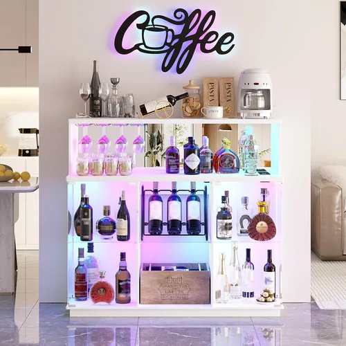 Vista 9 de 47" Coffee Bar Cabinet with RGB LED Lights and Wine Storage White