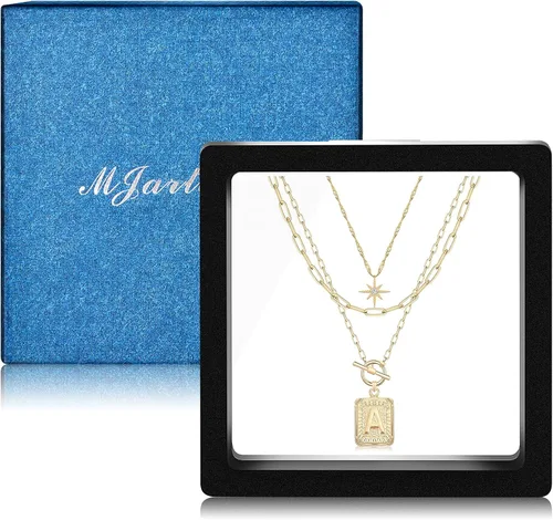 Vista 6 de MJartoria Collares con inicial en capas para mujer, a la moda, chapado en oro de 14 quilates, gargantilla de estrella simple, collar con dije