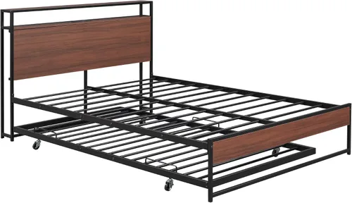 Vista 8 de Polibi Cama de plataforma de tamaño matrimonial con nido, marco de cama de metal y madera con cabecero, estribo, puertos de carga USB, caja de Negro