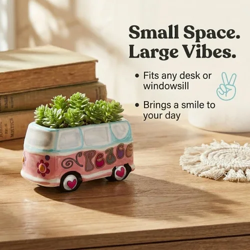 Vista 2 de The Bridge Collection Hippy Bus Maceta - Retro Peace Van Soporte de cerámica pintado a mano para suculentas y hierbas, mini maceta boho