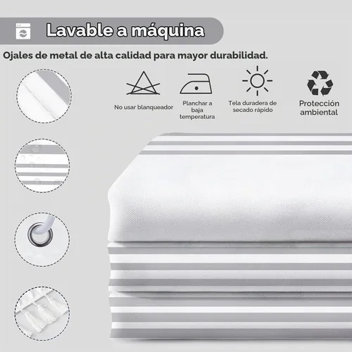 Vista 4 de Seasonwood Cortina de ducha gris y blanca con borlas Cortinas de ducha estilo granja moderna para decoración de baño 72L"x72A" Lavable a máquina