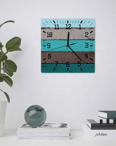 Vista 3 de Aqua Wooden Wooden Wall Clock Silent Non Ticking, Grey Stripe Gradient Country Rustic Grain Square Wall Clocks Battery Operated, Decor Clock for