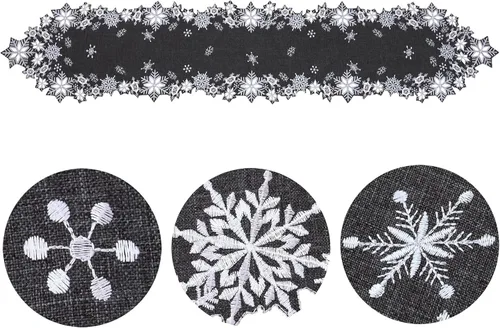 Vista 2 de Caminos de mesa bordados de copos de nieve grises para Navidad e invierno (gris, 14 x 69 pulgadas)