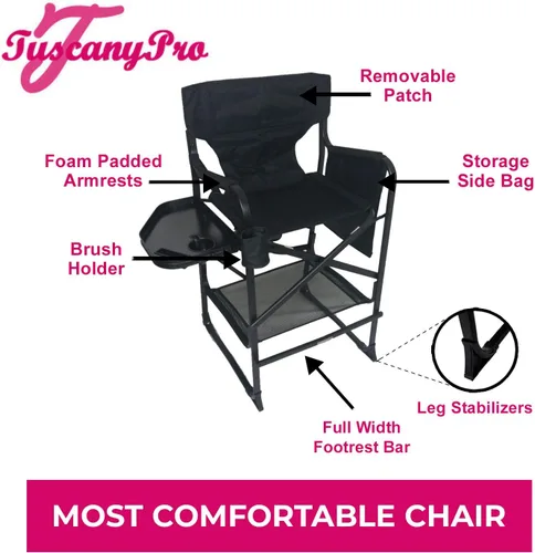 Vista 4 de Silla de directores alta profesional portátil con bandeja lateral, nombre personalizado/logotipo impreso, altura del asiento de 29 pulgadas