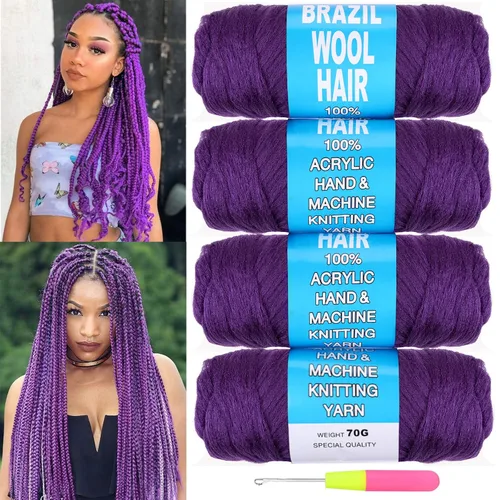 Vista 24 de COOKOO 2 rollos de hilo de lana brasileña color negro natural para cabello trenzado de ganchillo, trenzas, torsión, urdimbres, torsión senegalesa