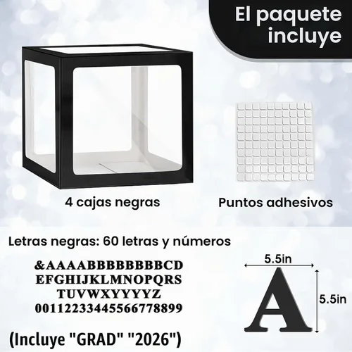 Vista 2 de Ledido - Cajas de globos transparentes con 60 letras y números para nombre personalizado 4 PCS Black Clear Baby Balloon Boxes Blocks Backdrop for
